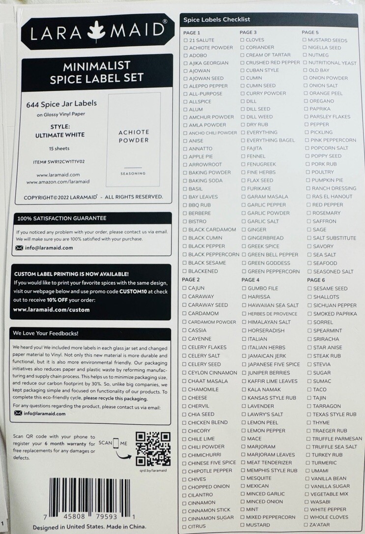 459 Minimalist Spice Jar Label Set, Black Text on White Vinyl Waterproof Labels