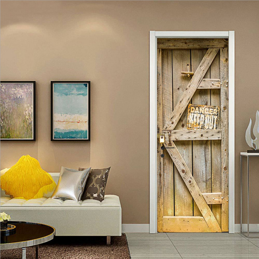 PVC Rustic Retro Wood Door Art Wall Decals Mural 3D Door Sticker Home Room Decor