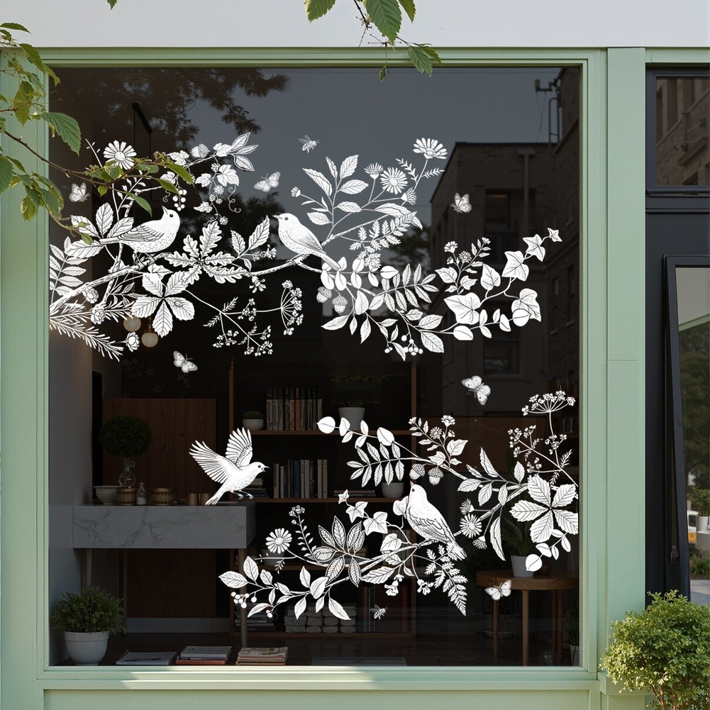 White PVC Static Cling with Floral Bird Leaf Pattern Double Sided for Windows