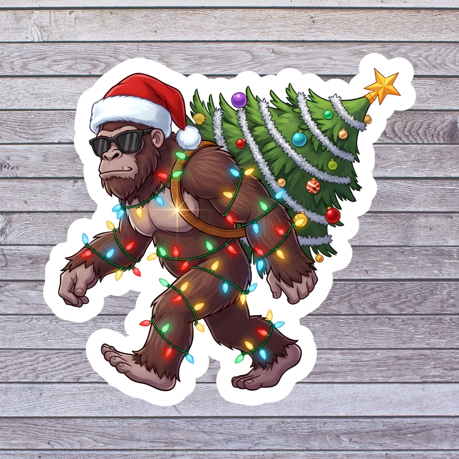 Christmas Sticker Vinyl Decal Bigfoot Carrying Tree Santa Hat Funny Holiday