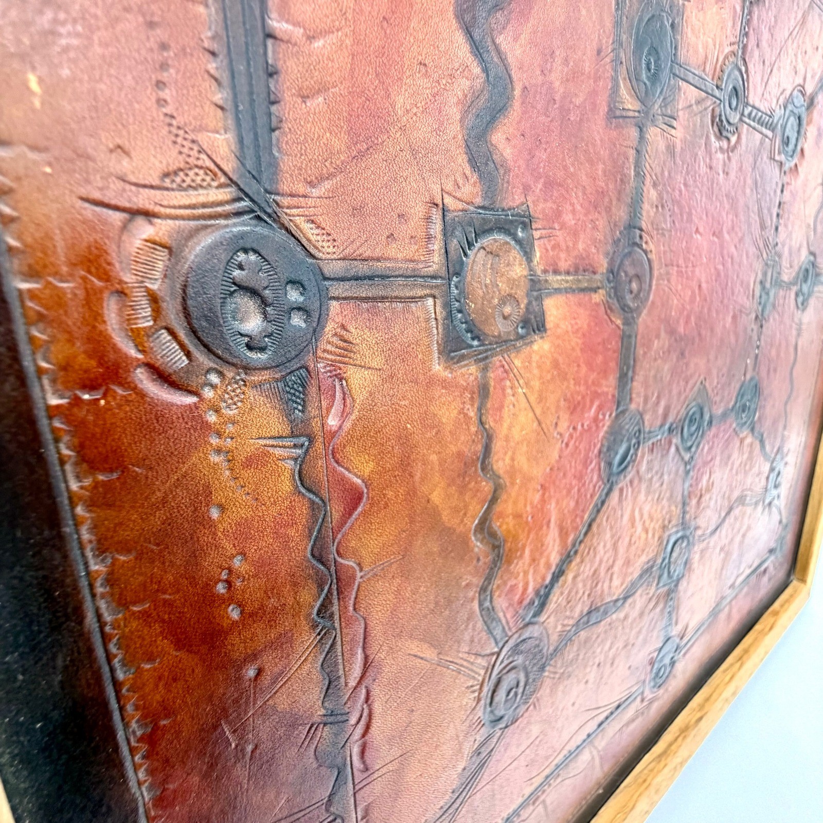 Vintage Tooled Leather Abstract Geometric Brutalist Wall Art Signed 96