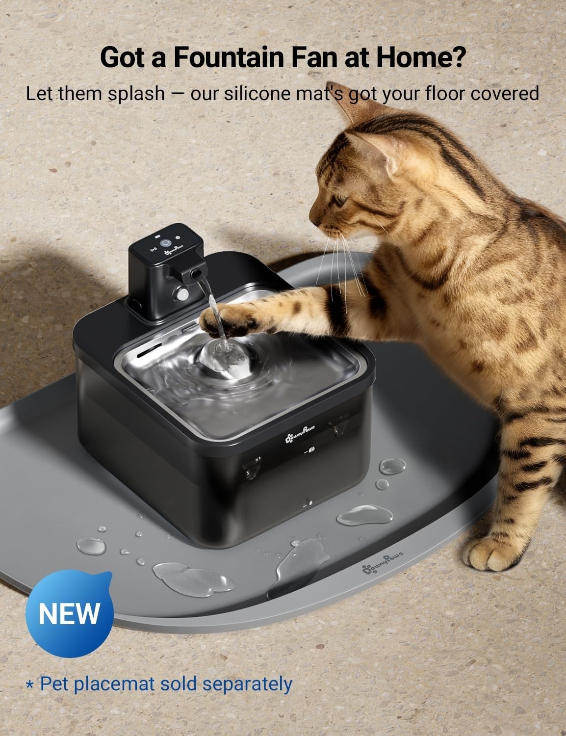 Cat Water Fountain Cordless, 84oz/2.5L Fursink Wireless Pet Water ABS Black
