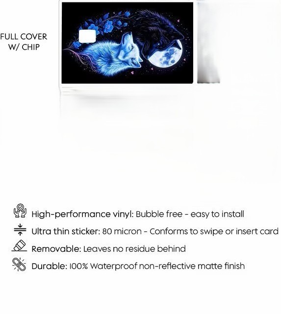 Black & White Wolves with Floral Full Moon Credit Card Skin Sticker | Mystic