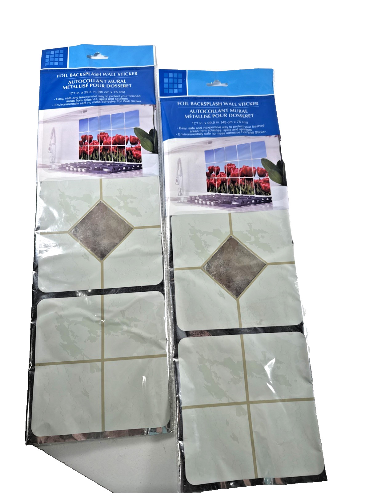 NOS 2X Foil Backsplash Wall Sticker Mural Beige/Taupe Tile Look 17.7×29.5"