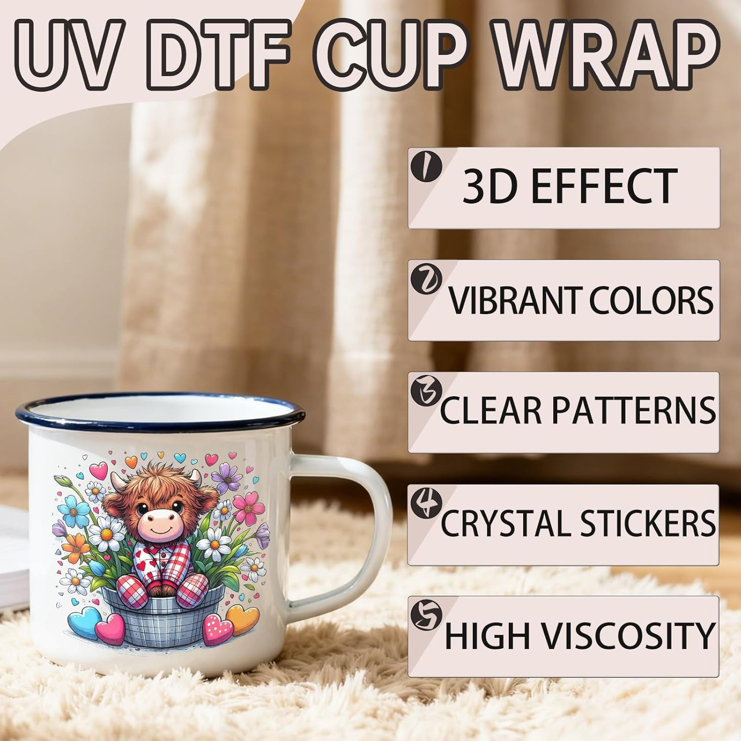 12 PCS UV DTF Cup Wrap Stickers, (Highland Cows Rub on Transfers for Crafts, Per