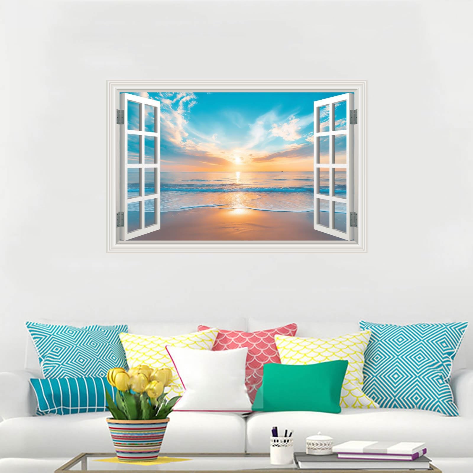 Fake Window Wall Decal Summer Ocean Beach Seascape Faux Window Poster Sticker…