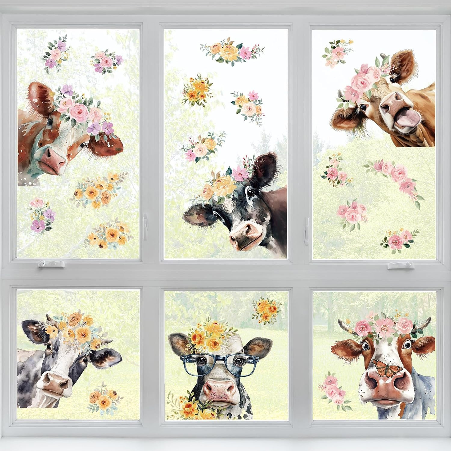 Floral Cow Window Clings Cute Cow Window Stickers Double-Side