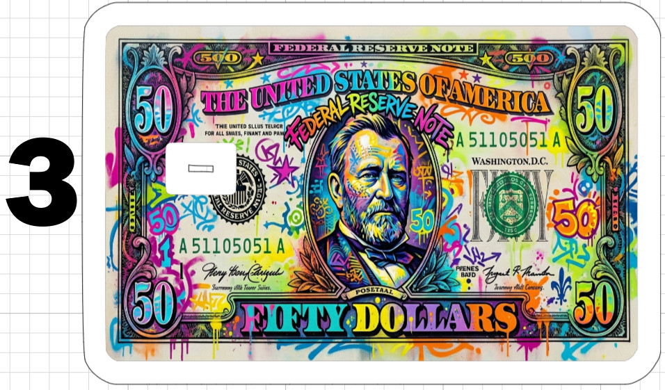 50 Dollar Bill Credit Debit ATM Gift Card Skin Sticker Graffiti Art Neon Trippy