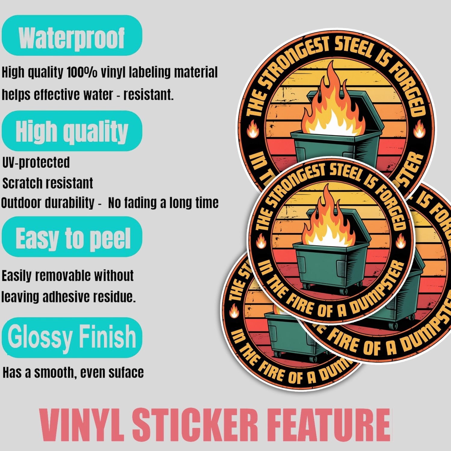 4pcs Strongest Steel Forged in Dumpster Fire Stickers – Funny Vinyl Decals