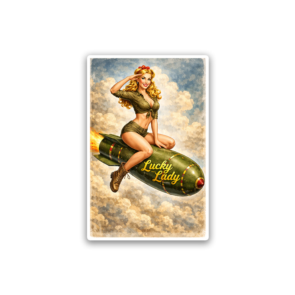 Lucky Lady Sticker 4 Inch Vinyl Decal WW2 PinUp Girl Vintage