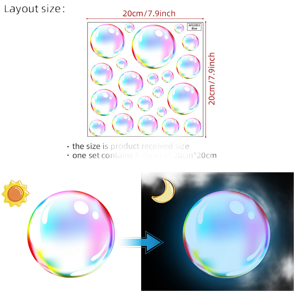 Glow in Dark Blue Sea Bubble PVC Wall Decal for Bedroom Living Room 20x20cm