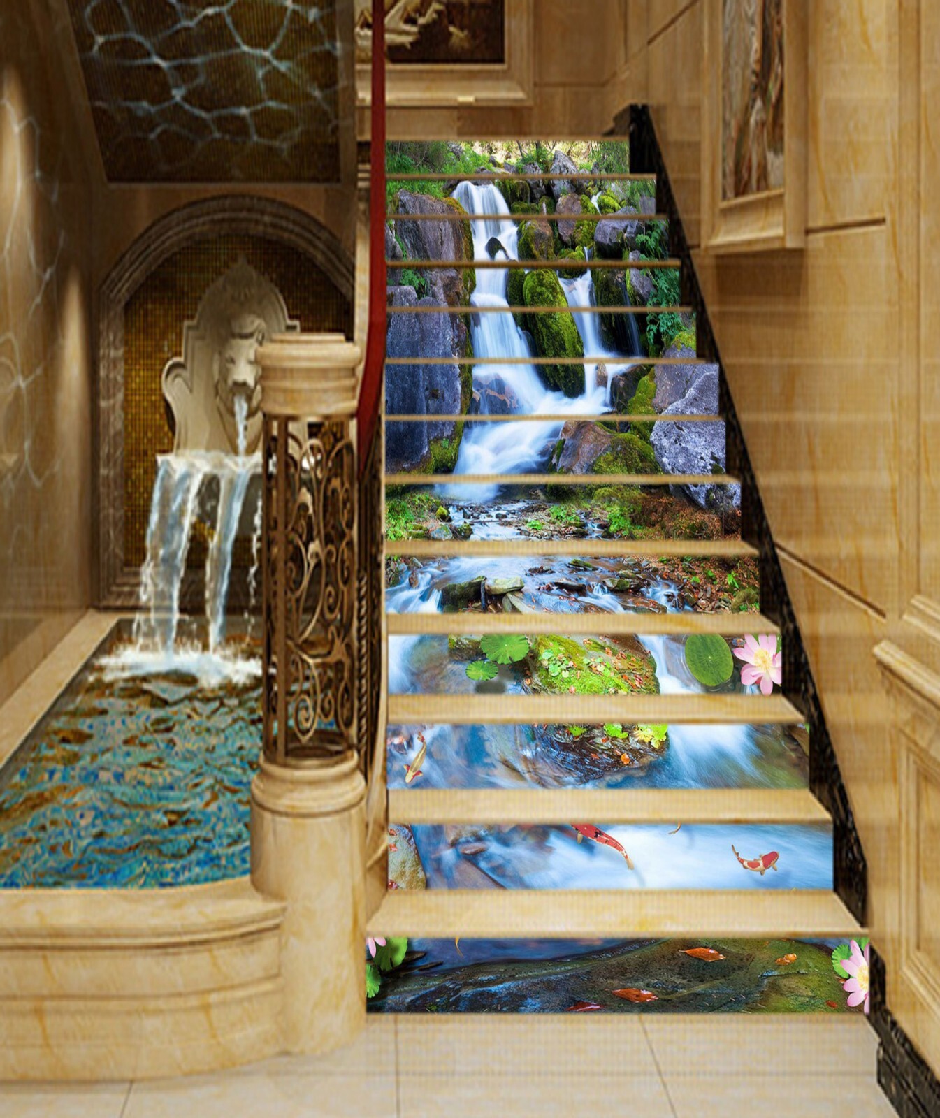3D Waterfall Lotus AZ838 Stair Risers Decoration Mural Vinyl Wallpaper Kay