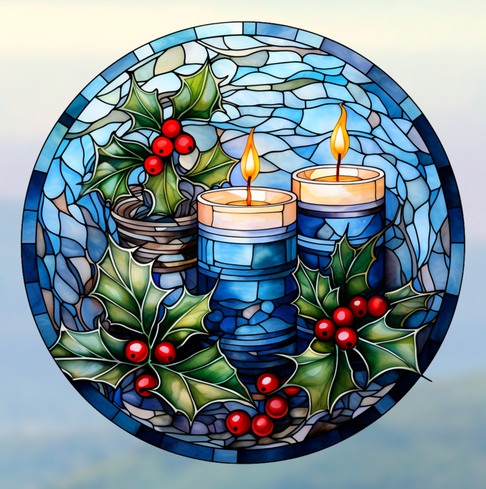 Christmas Candles & Holly Faux Stained Glass WINDOW CLING Size 8" Round Vinyl