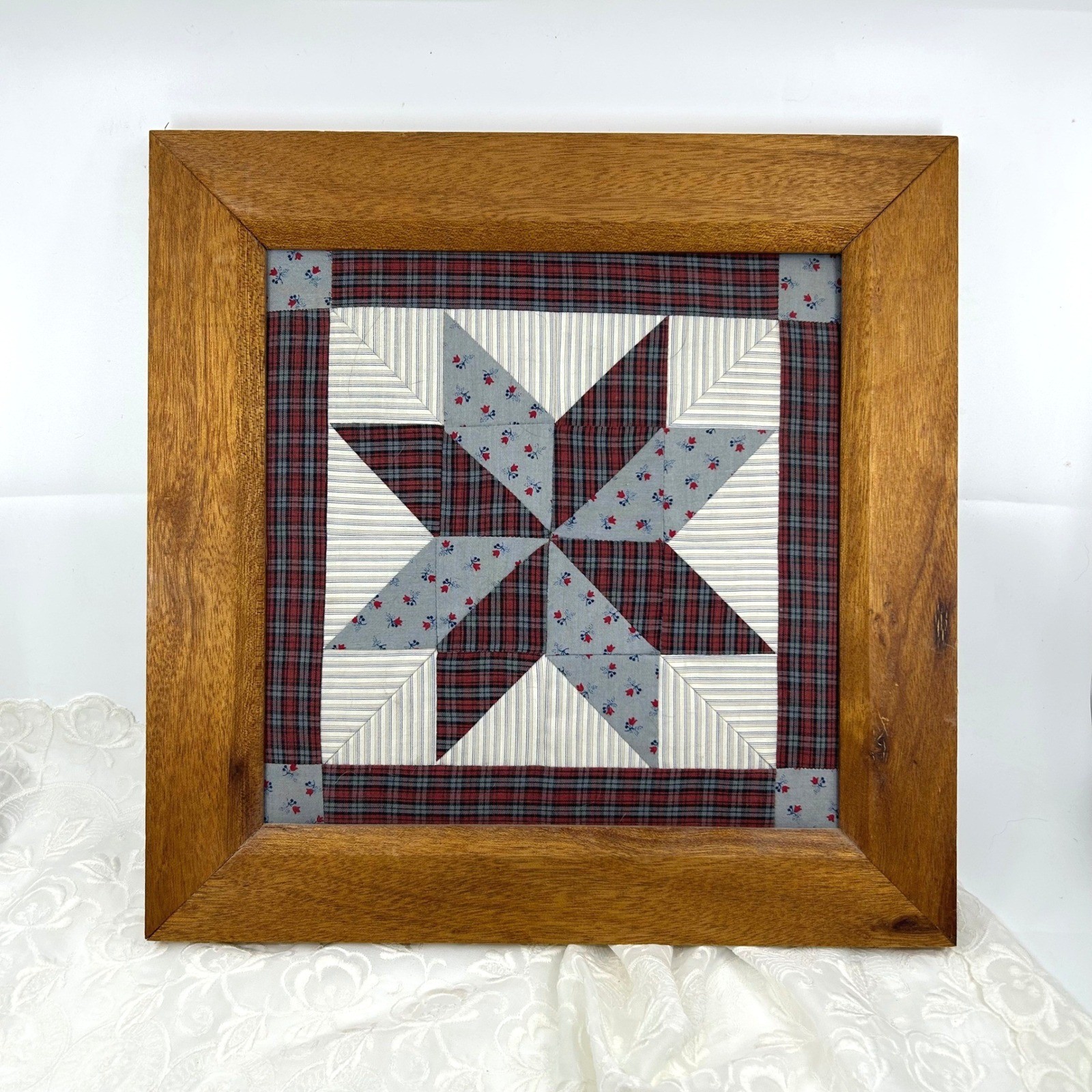 Vintage LeMoyne Star Quilt Block Square Wood Framed Art Country Cottagecore Farm