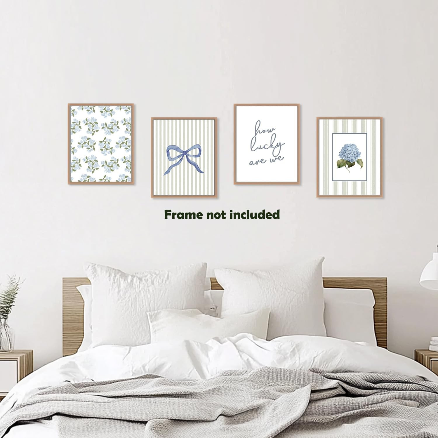 Sage Green Preppy Coquette Blue Bow Hydrangea Floral Wall Art Prints 8X10 Inch S