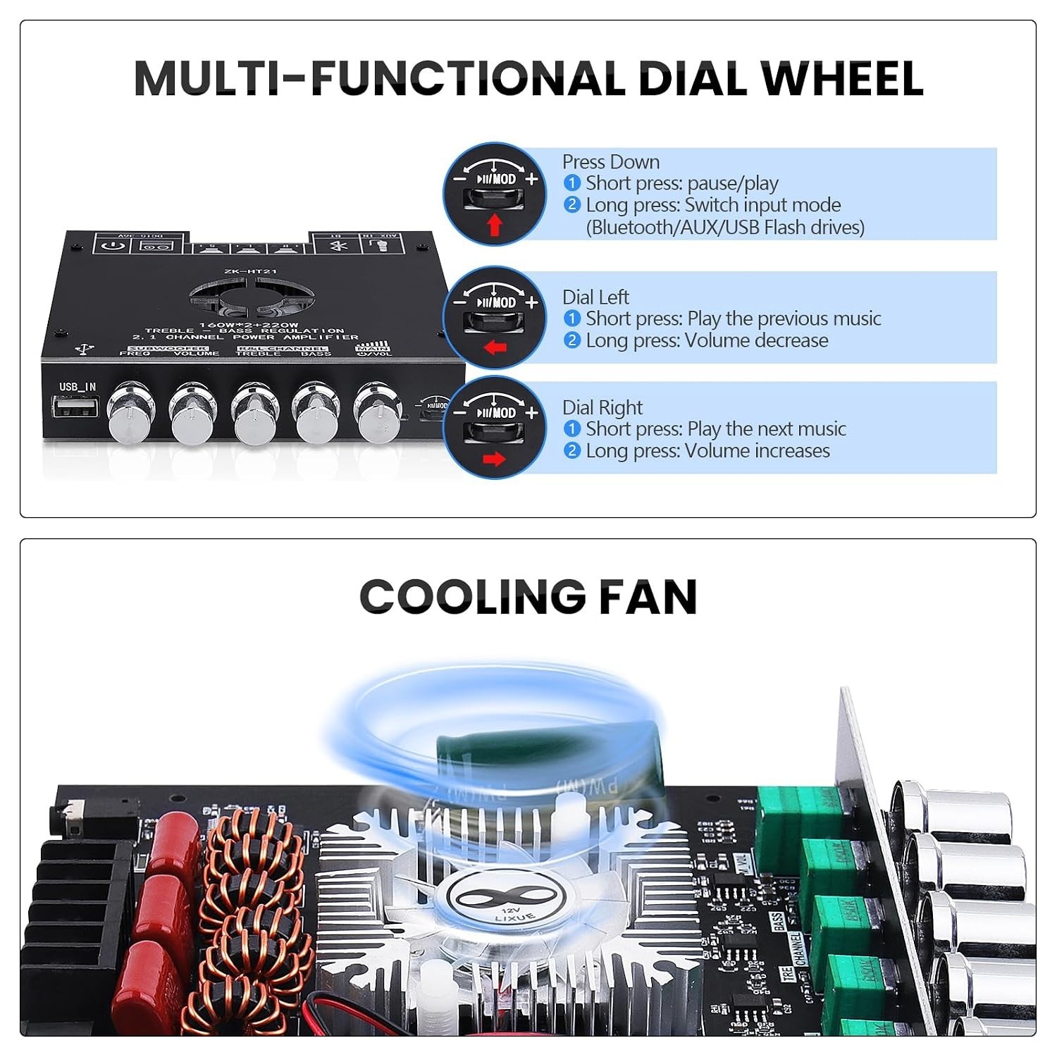 ZK-HT21 Bluetooth Amplifier Board 160W×2+220W Subwoofer 2.1 Channel Audio Amplif