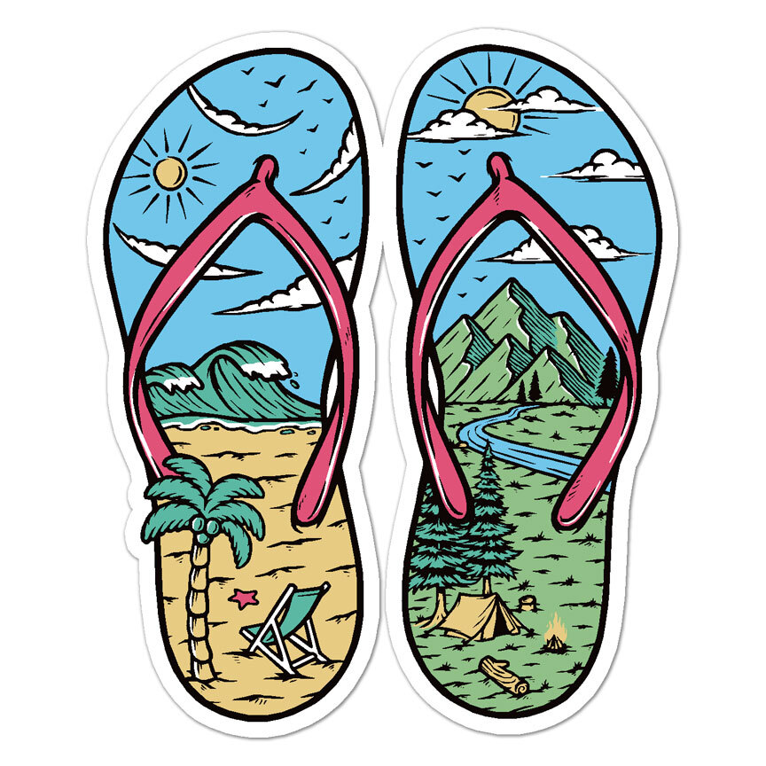 Flip Flops Beach Camping, Vinyl Decal Sticker, Indoor Outdoor, 3 Sizes, #9179