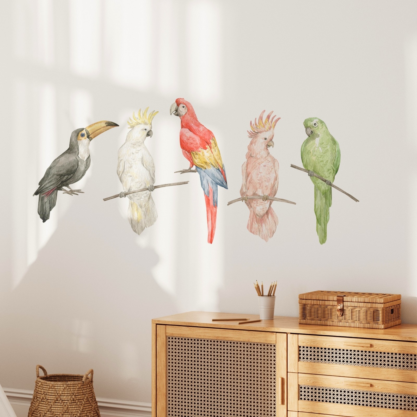 MEDIUM Tropical Rainforest Birds Wall Decal Set of 5 Jungle Safari Parrot Toucan