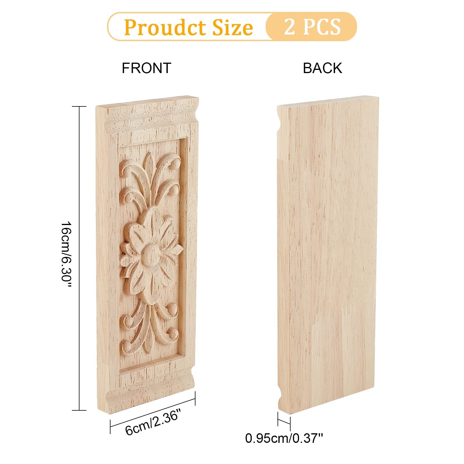 SUPERFINDINGS 2PCS Rectangle with Flower Wood Carving Decal 6.3×2.4inch Unpai…