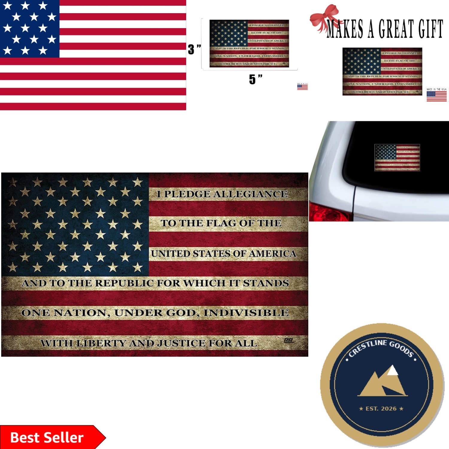 Patriotic Multicolor 3×5 Inch Vinyl Flag Bumper Sticker – Made in the USA