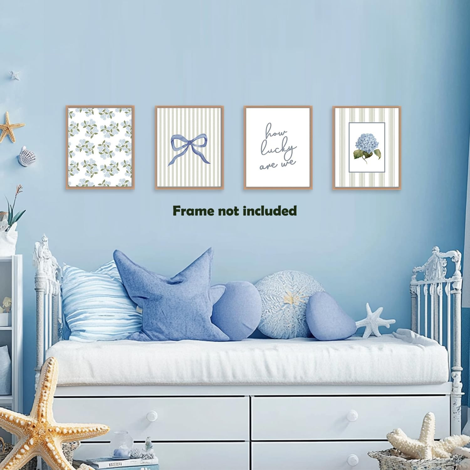 Sage Green Preppy Coquette Blue Bow Hydrangea Floral Wall Art Prints 8X10 Inch S