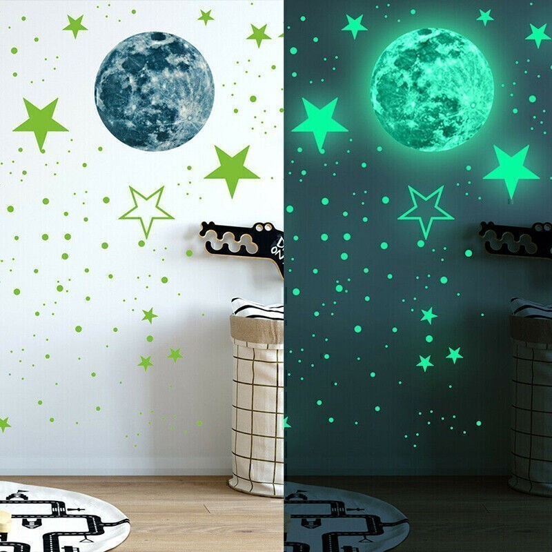 Luminous Blue Moon & Stars Wall Stickers Glow In The Dark Removable Decal Decor