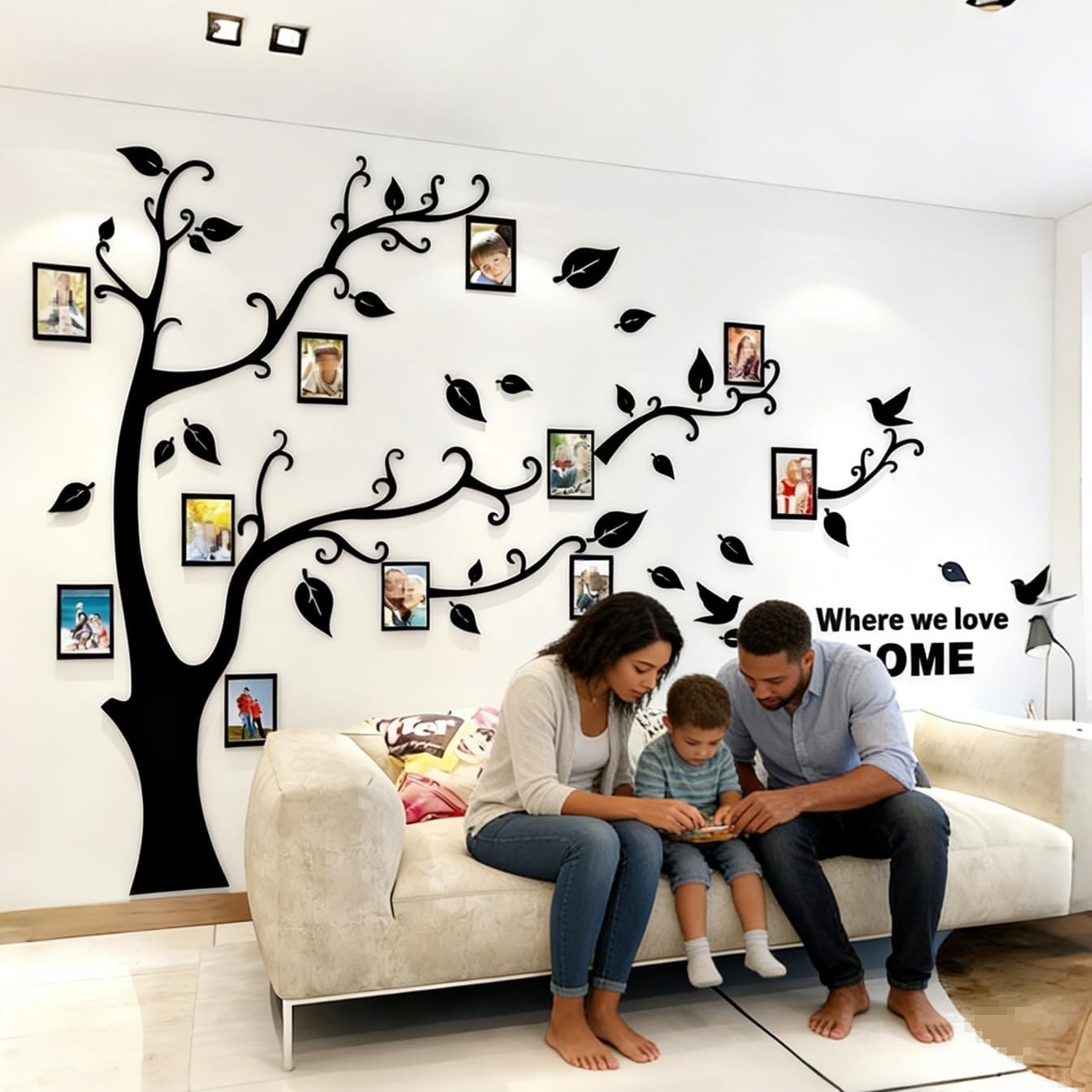 Elegant Black 3D Tree Wall Decals – Customizable Photo Frame Decor M:83x59in