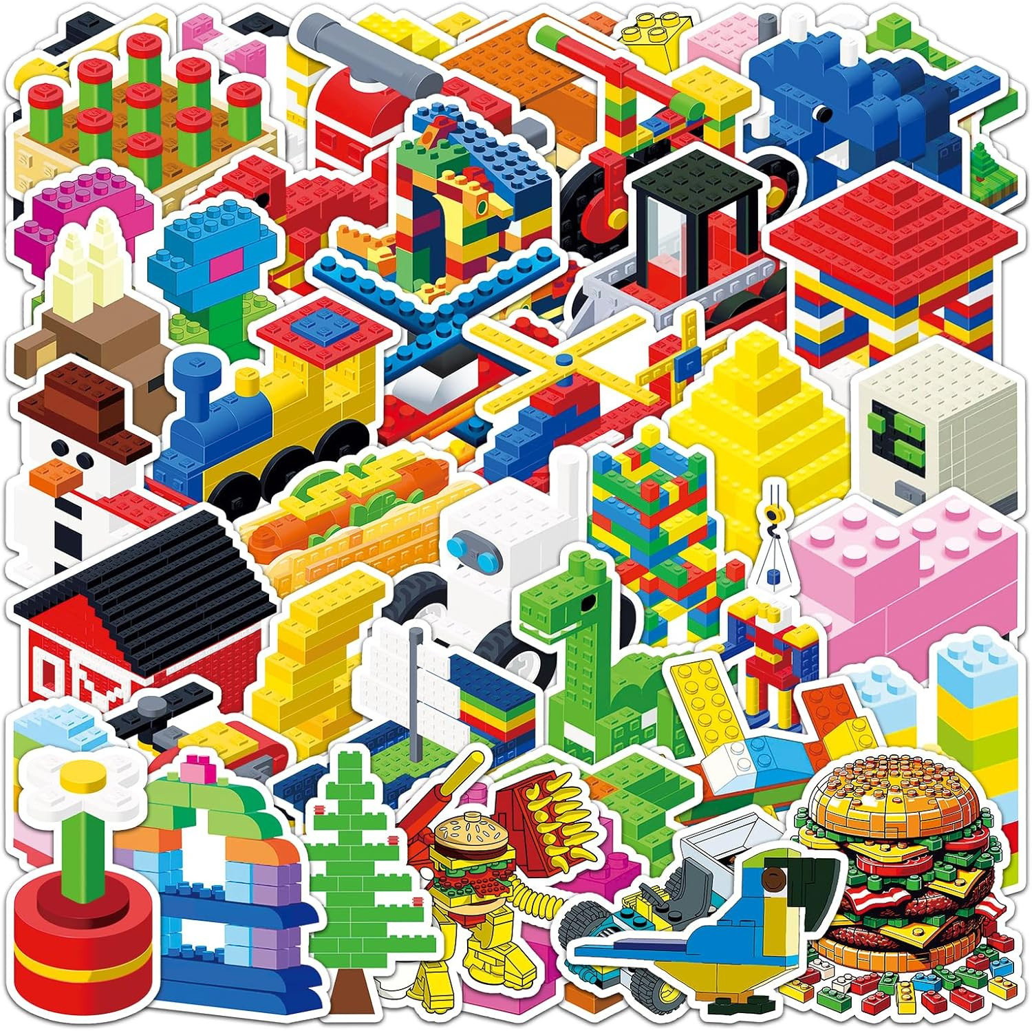 51 PCS Reusable Cartoon Building Block Stickers – Waterproof Decals for Kids