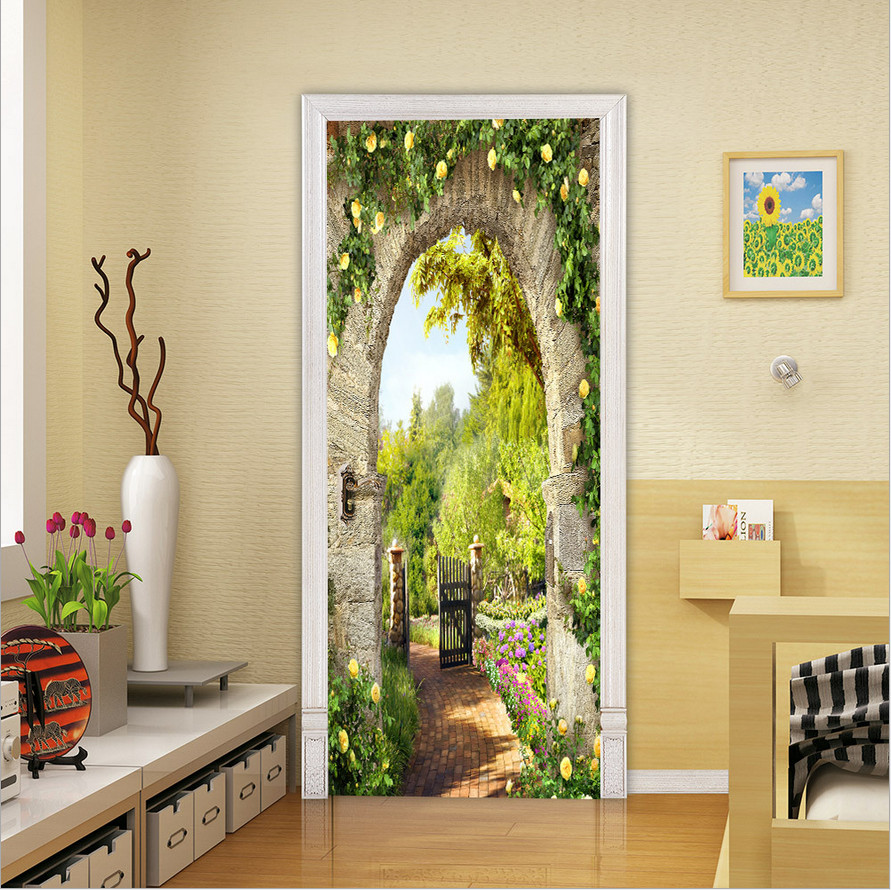 3D Self Adhesive Door Sticker Garden Stone Arch Door Wall Decor Mural Wallpaper