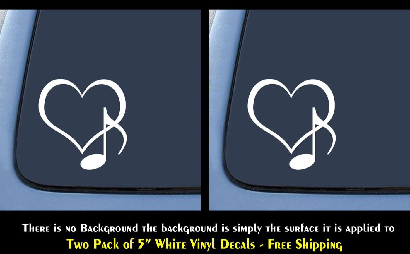 Music Heart Note Two 5" White Vinyl Decal Car Windows Laptop Tablet Notebook