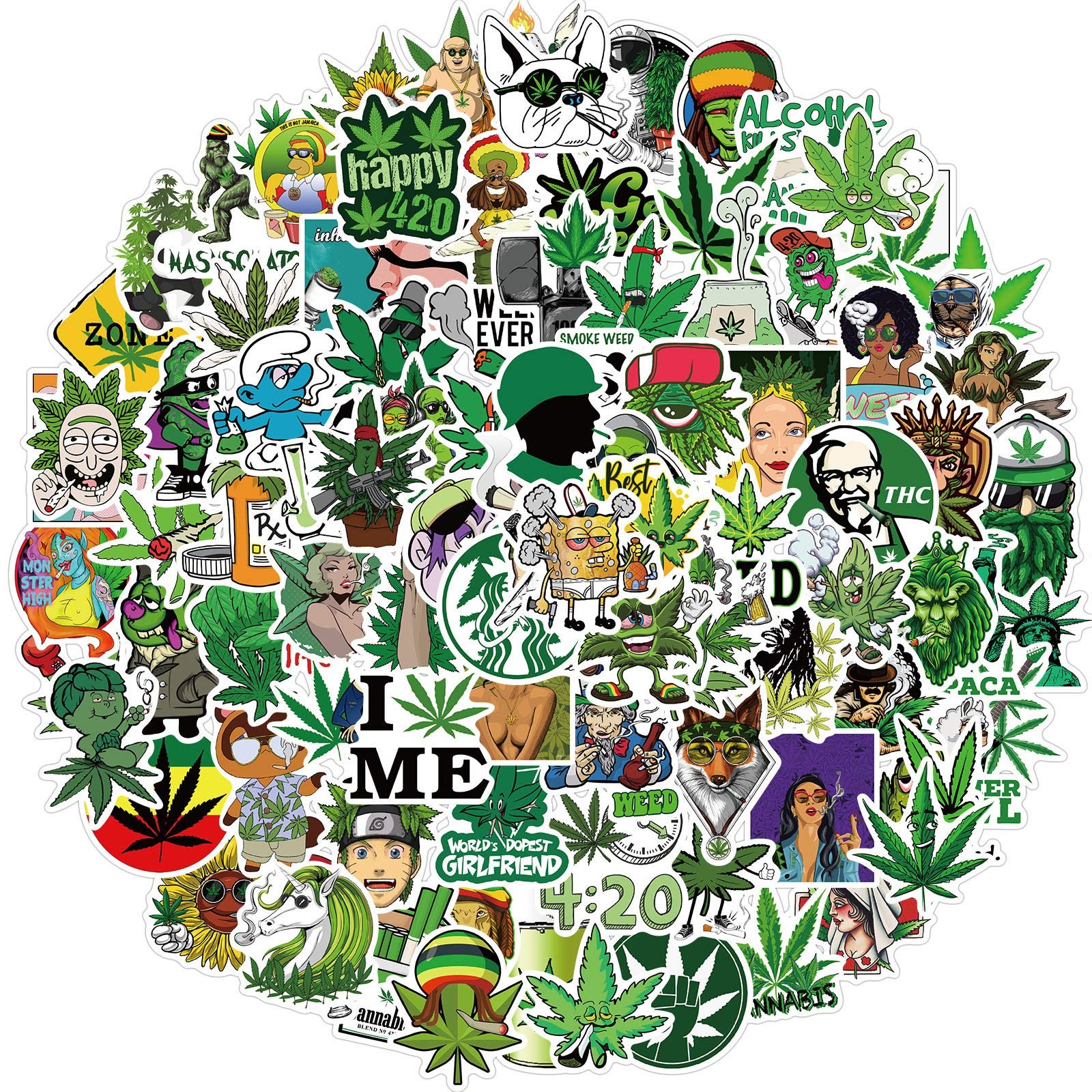 100PCS Stoner Weed Stickers, Vinyl Waterproof Green Marijuana Stickers