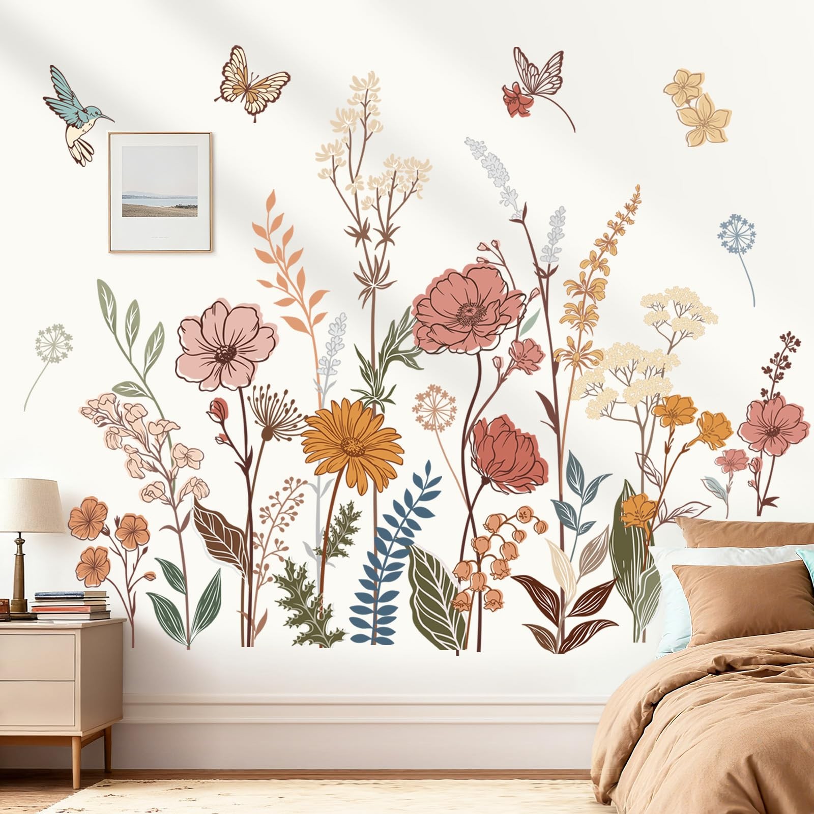Boho Flower Wall Stickers – Floral Grass Peel and Stick Decals for Nursery