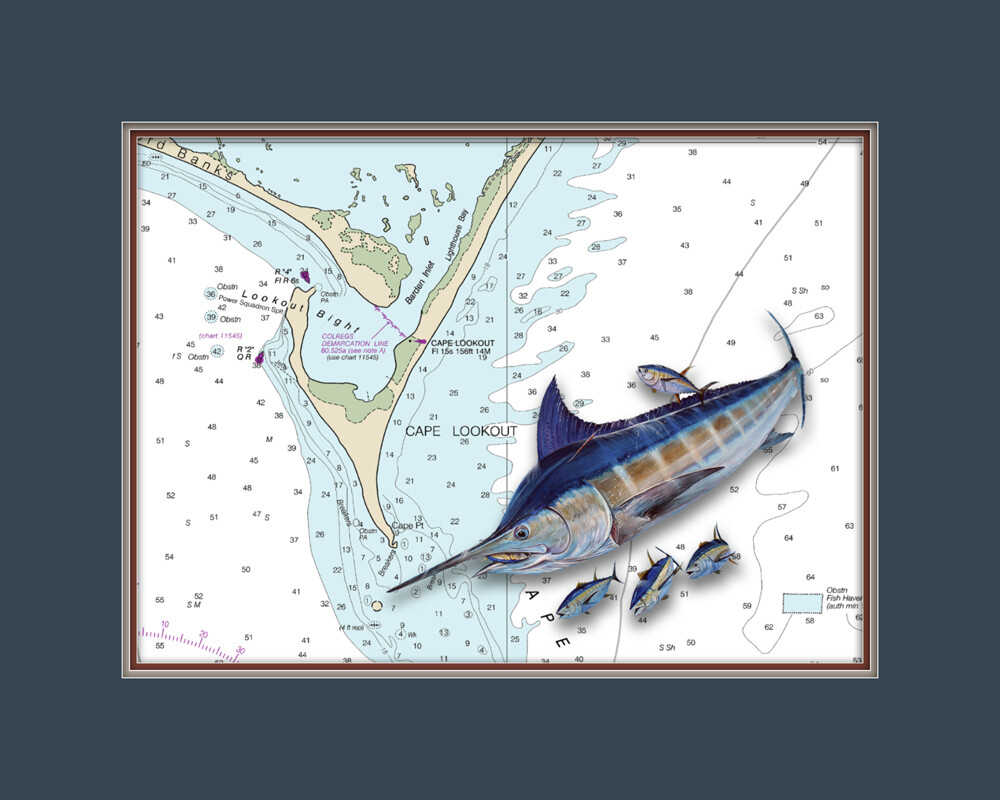 Cape Lookout, NC and Blue Marlin Nautical Chart High Quality Canvas Print