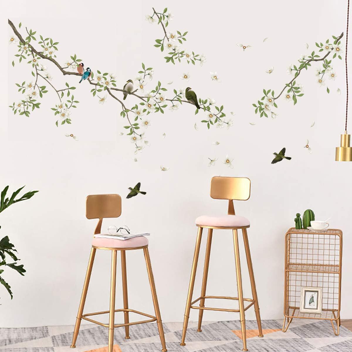 Birds on Tree Branch Wall Decals White Blossom Flower Wall Stickers Bedroom L…