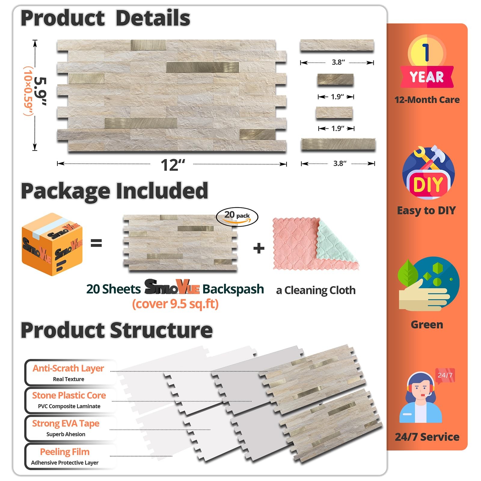 20 Sheets Kitchen Peel and Stick Backsplash Tiles, Beige with Metal Gold Look…