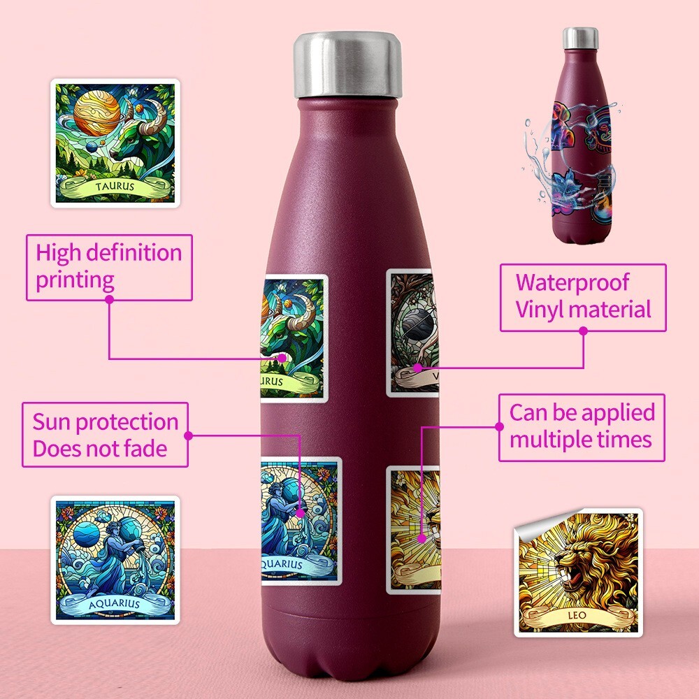 50pcs Waterproof Vinyl Stickers The 12 Zodiac Signs Luggage Phone Laptop Fridge