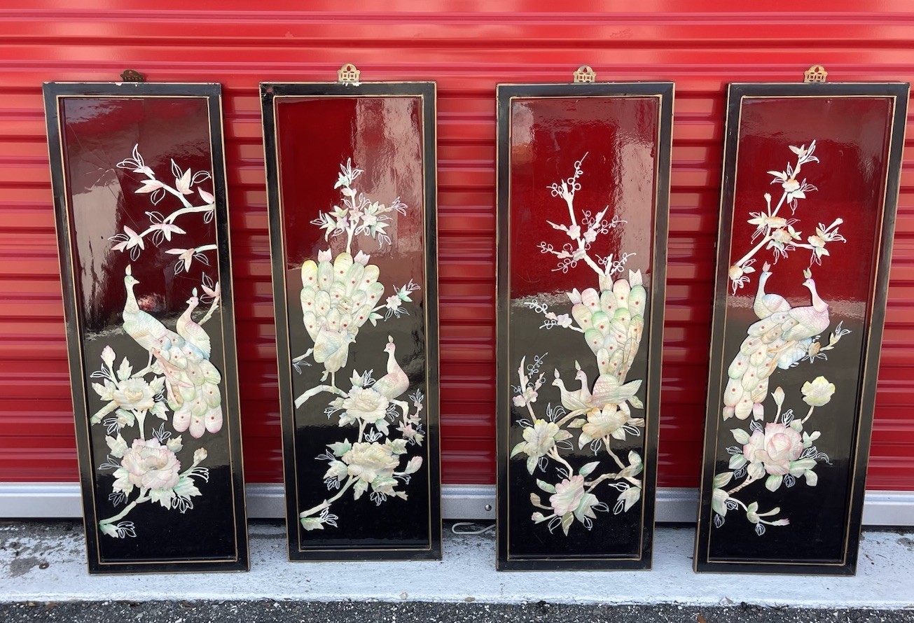 Set of 4 Vintage Mother of Pearl Horse Panels Dark Red Lacquer Asian Wall Art