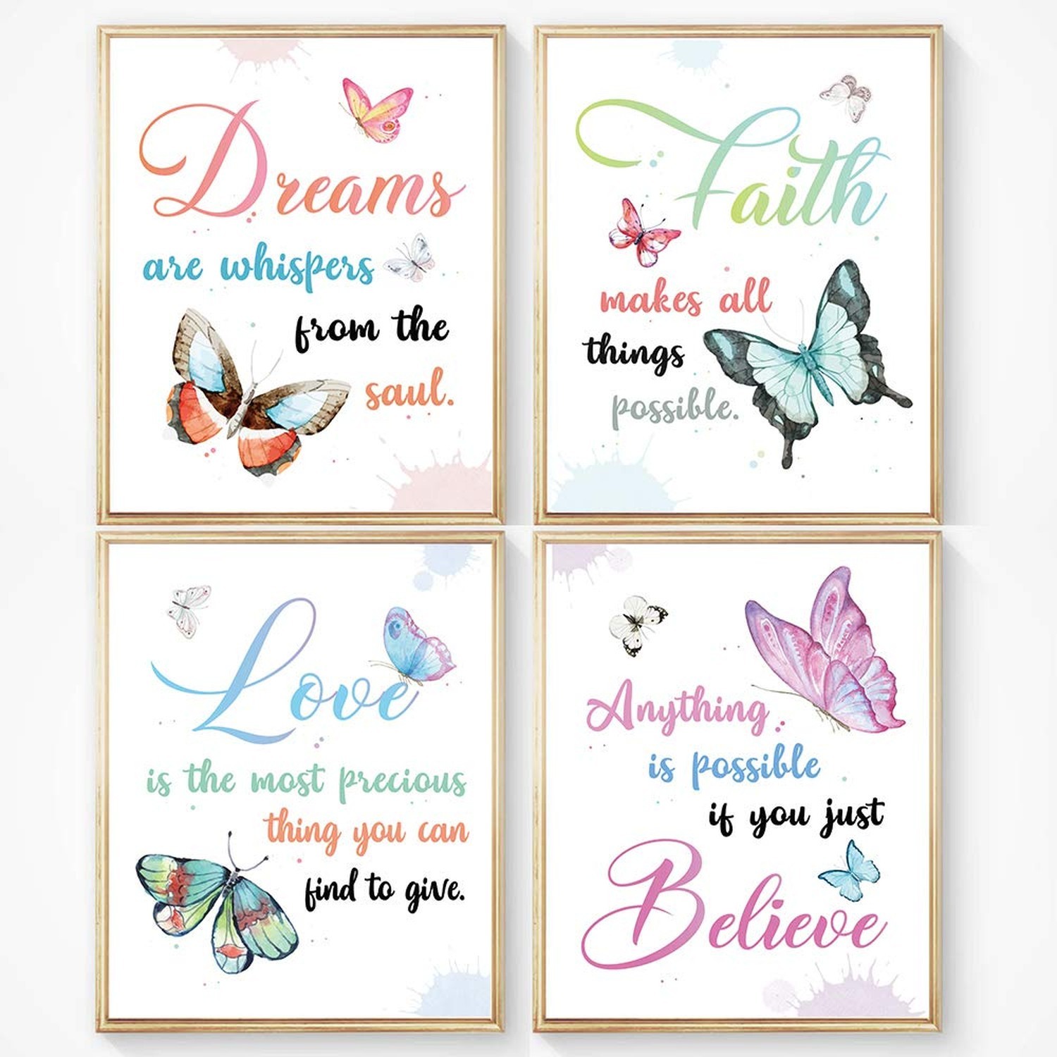 Watercolor Butterfly Inspirational Quote Wall Art Print, Faith Love Dreams Be…