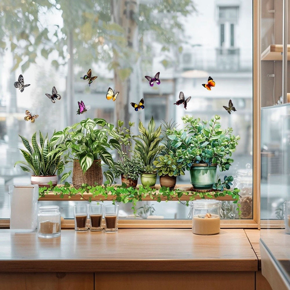 Glass Window Stickers with Realistic Green Leaves and Butterflies 60x50cm