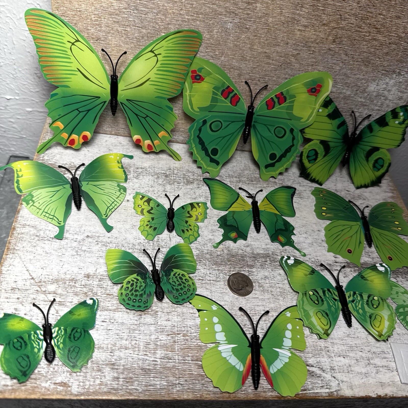 Lot of 12 3D Realistic Butterfly Wall Stickers Different Sizes, Shapes GREEN New