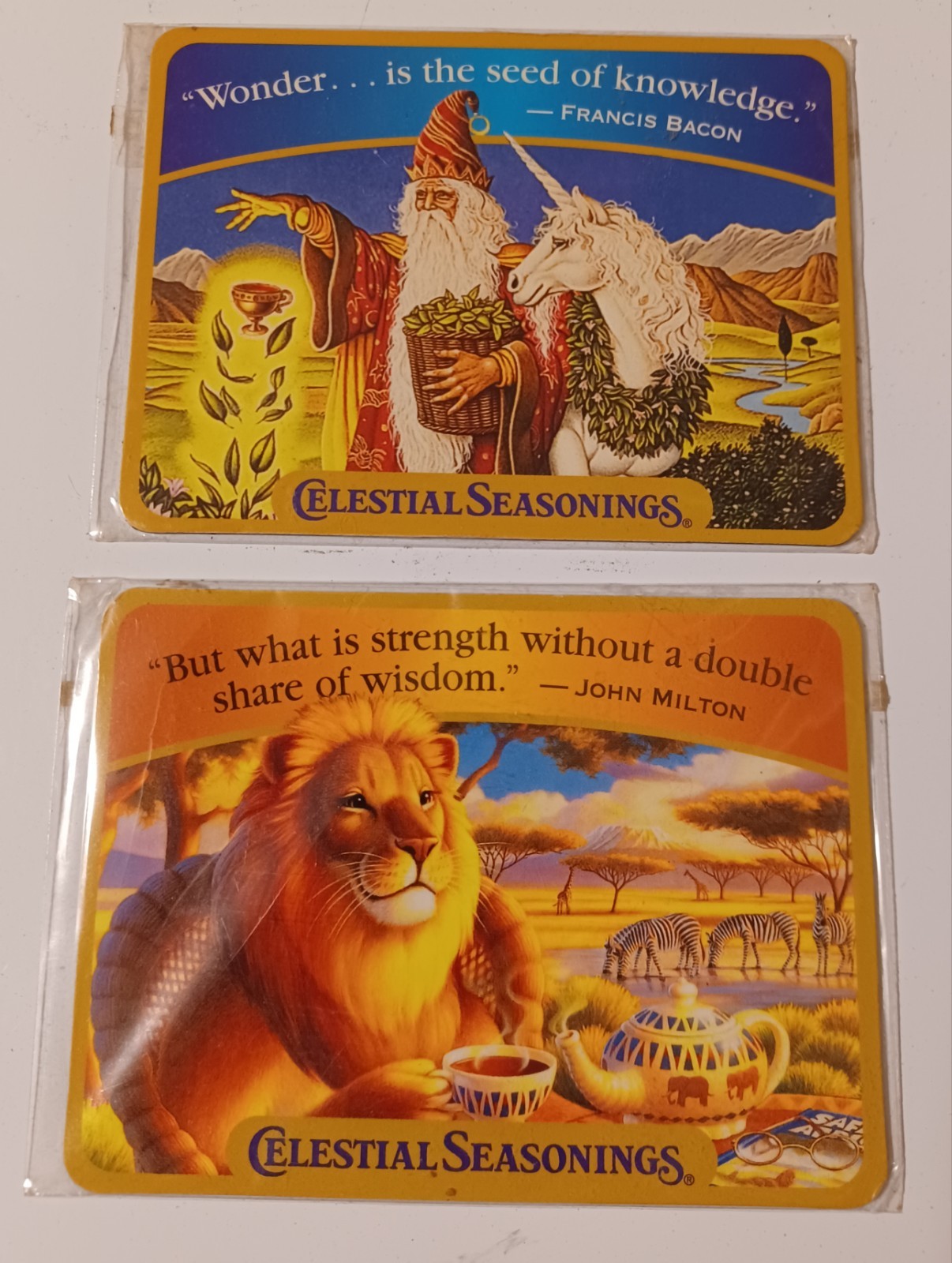 Lot Of 2 Vintage Celestial Seasonings Fridge Magnets,Wizard with Unicorn & Lion