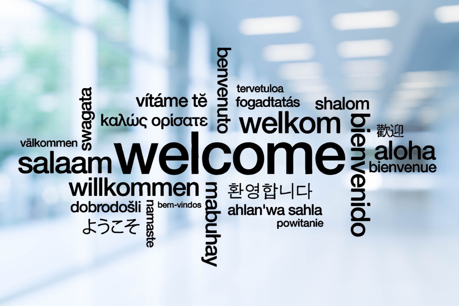 Welcome Language Sign Wall Decal, Personalized Office Motivational Quote se143