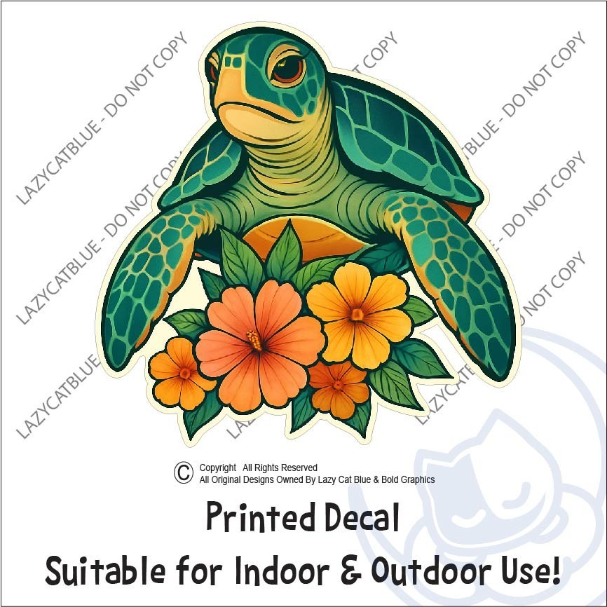 Sea Turtle & Hibiscus Decal Sticker Ocean Wildlife Life Beach Tropical Hawaii