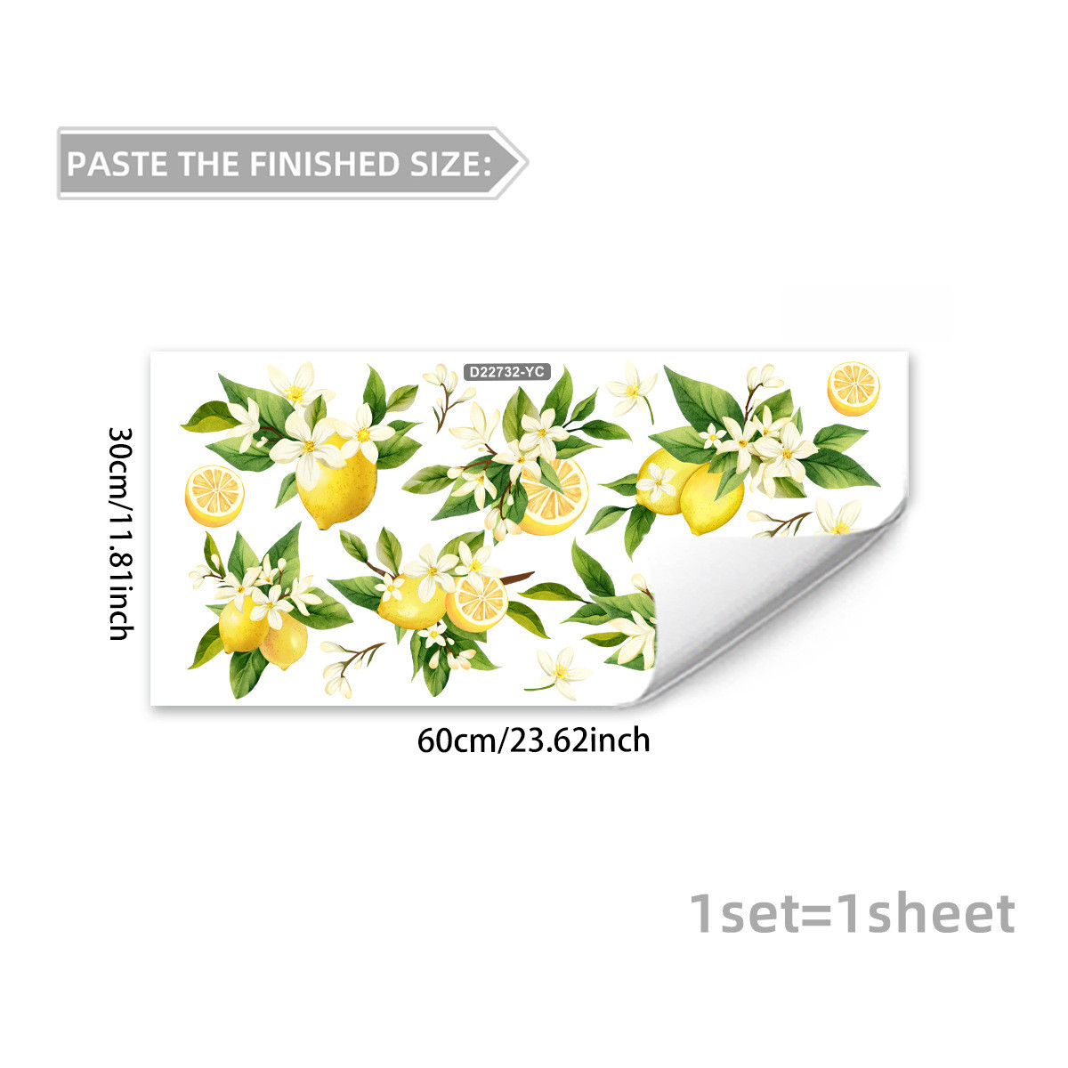 Static Cling Decal Yellow Lemon and Floral Branch for Kitchen Living Room Decor