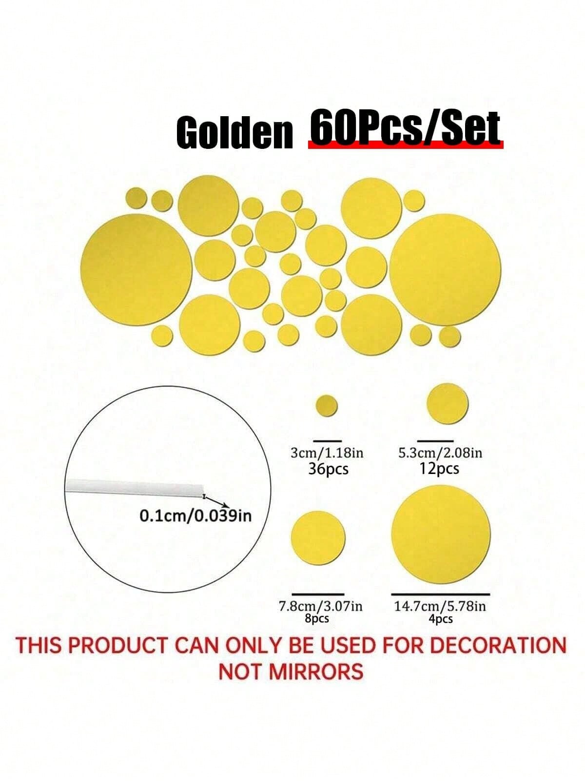 60Pcs Golden Circular Acrylic Mirror Wall Stickers Self Adhesive Decor