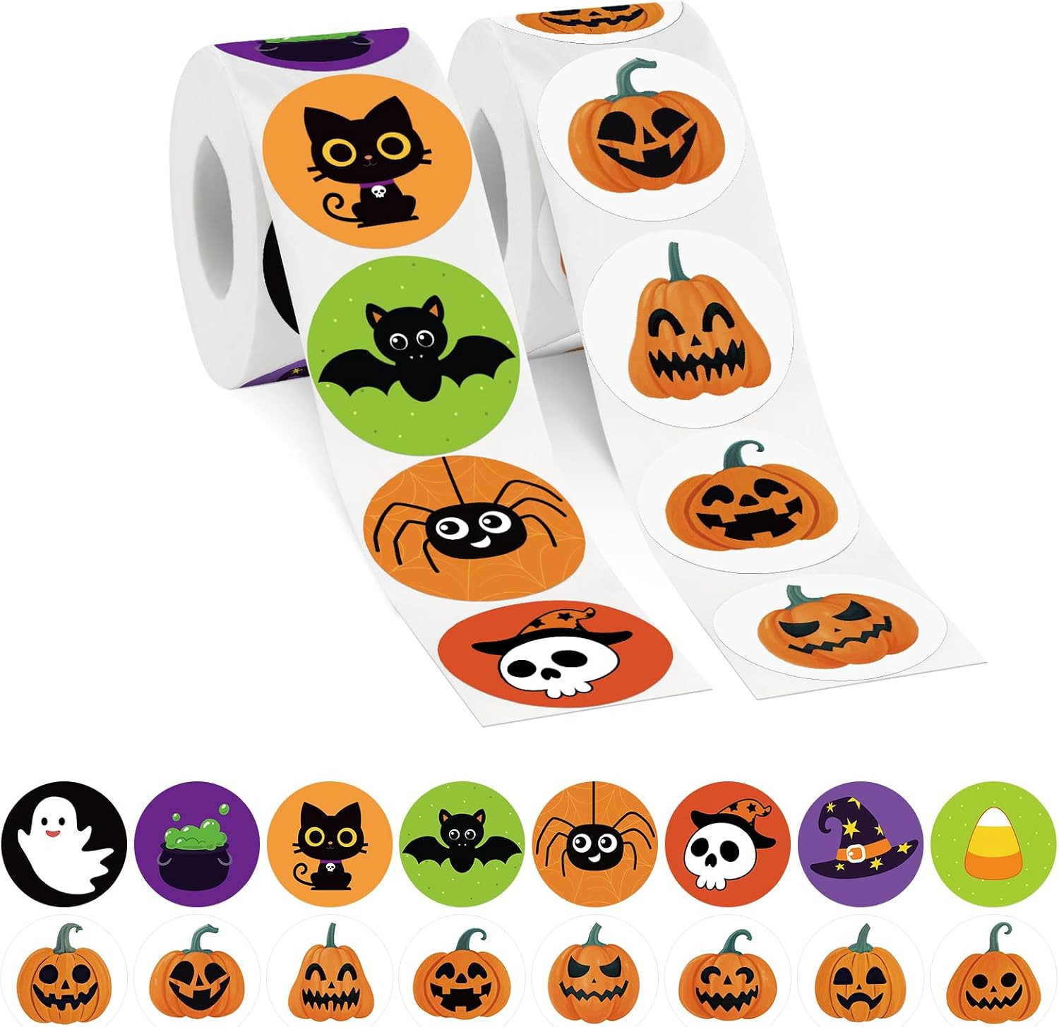 1000 Pcs Halloween Stickers | 1.5 Inch round Pumpkins, Bats, Spiders, Ghosts, Ca