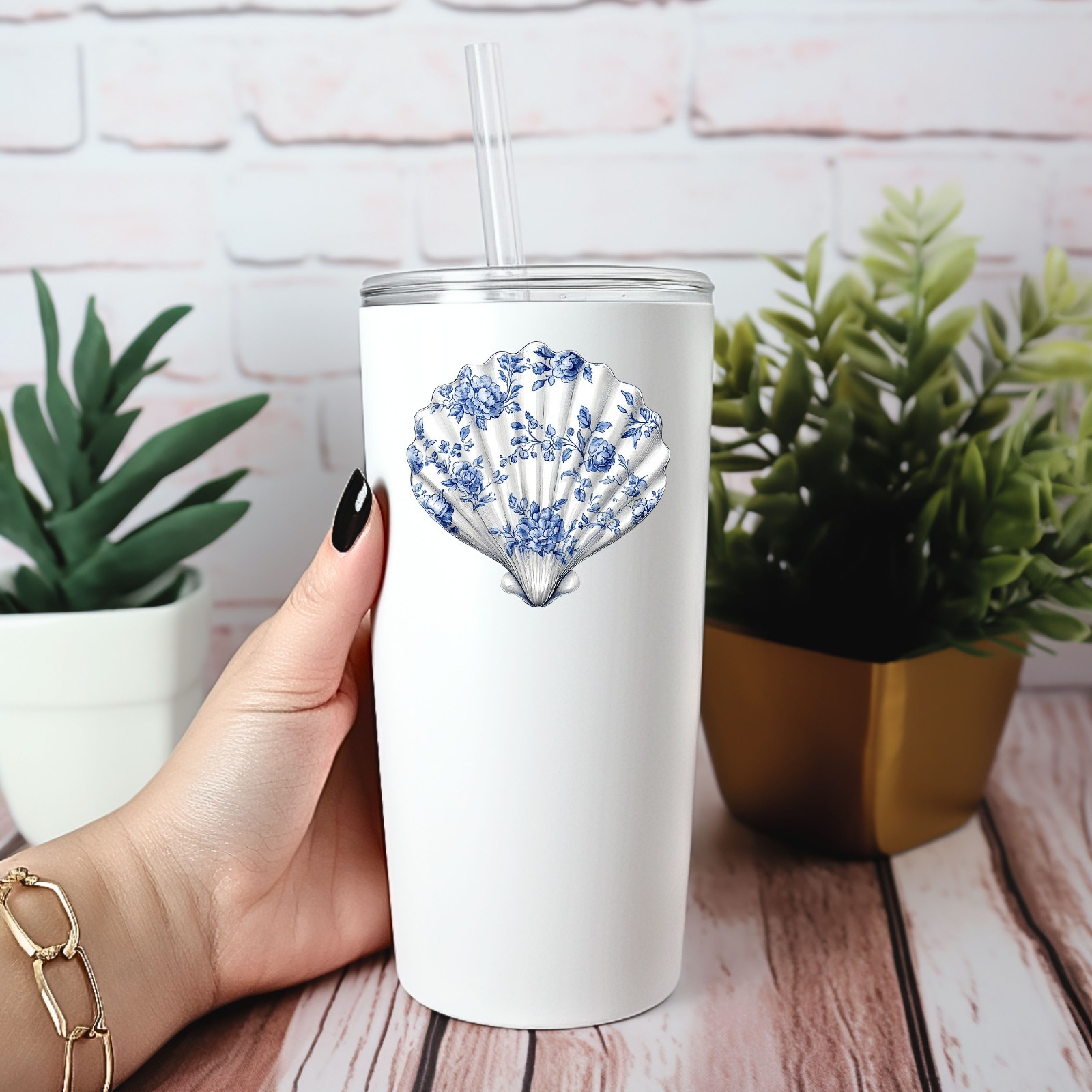 Blue Toile Sea Shell UV DTF Transparent Sticker / Decal