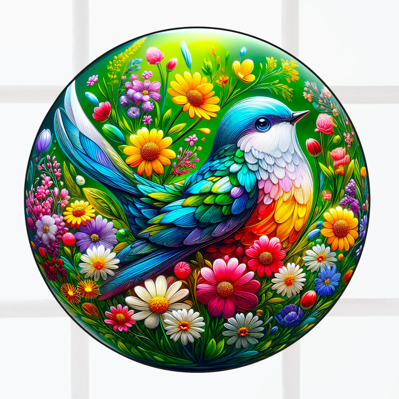 Pretty Bird & Daisy Flowers WINDOW CLING Sun-catcher Size 8" Round
