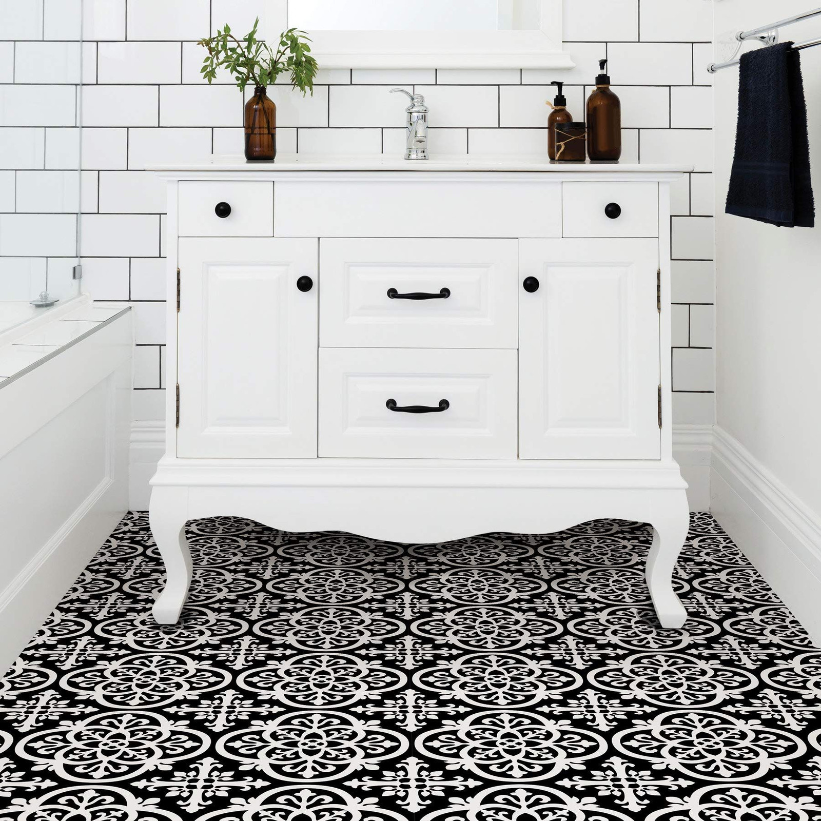 FloorPops Black Gothic Peel & Stick Floor Tiles, 12"L x 12"W x 0.06"T,