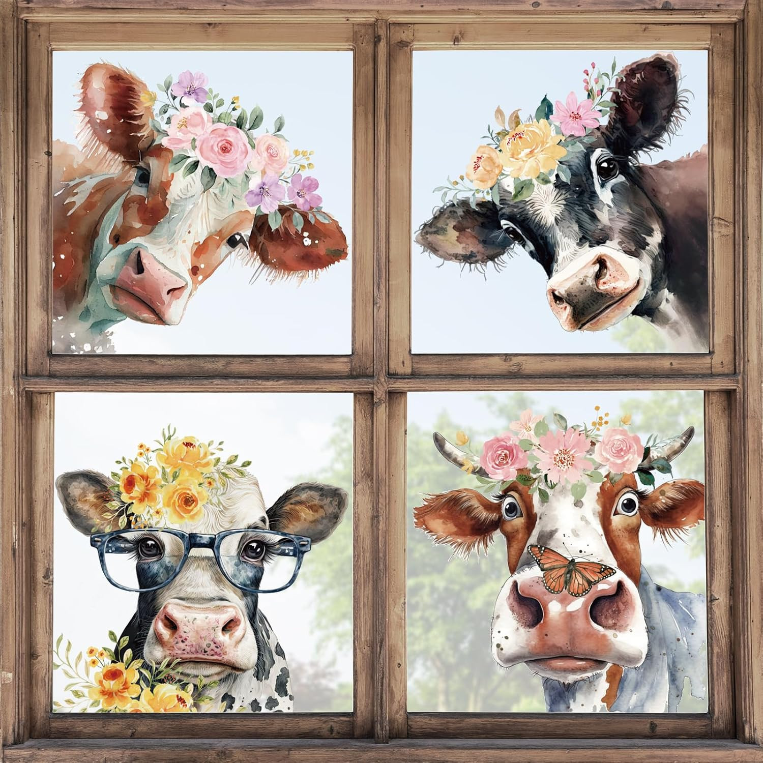 Floral Cow Window Clings Cute Cow Window Stickers Double-Side